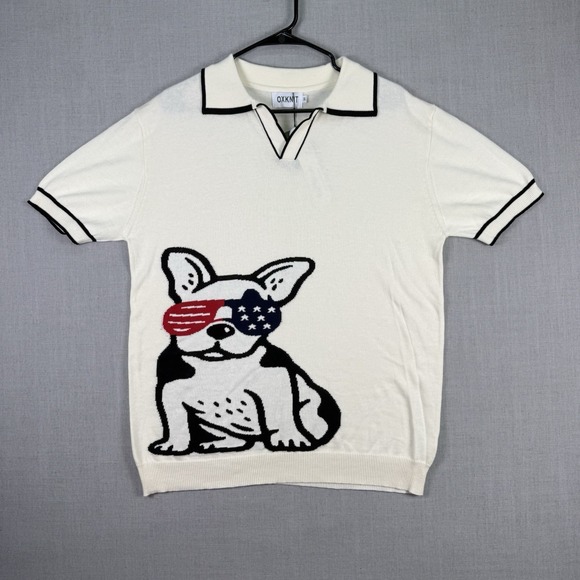 OXKnit Other - OXKNIT Shirt Men's Size XL V-Neck Polo Beige Dog w/ Glasses 100% Cotton NWT